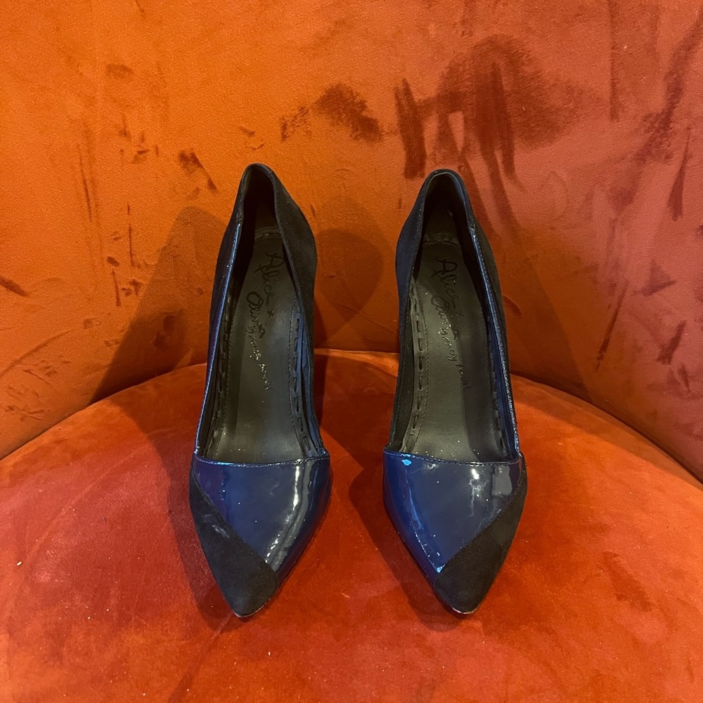 Alice + Olivia Black Suede and Navy Patent Leather Stilettos.